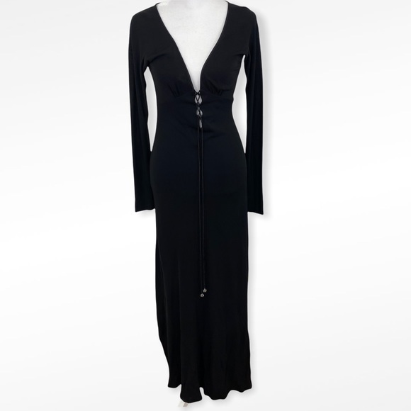 VTG Kenth Andersson Black Deep V Tie Front Long Sleeve Fitted Maxi Dress - Picture 2 of 9